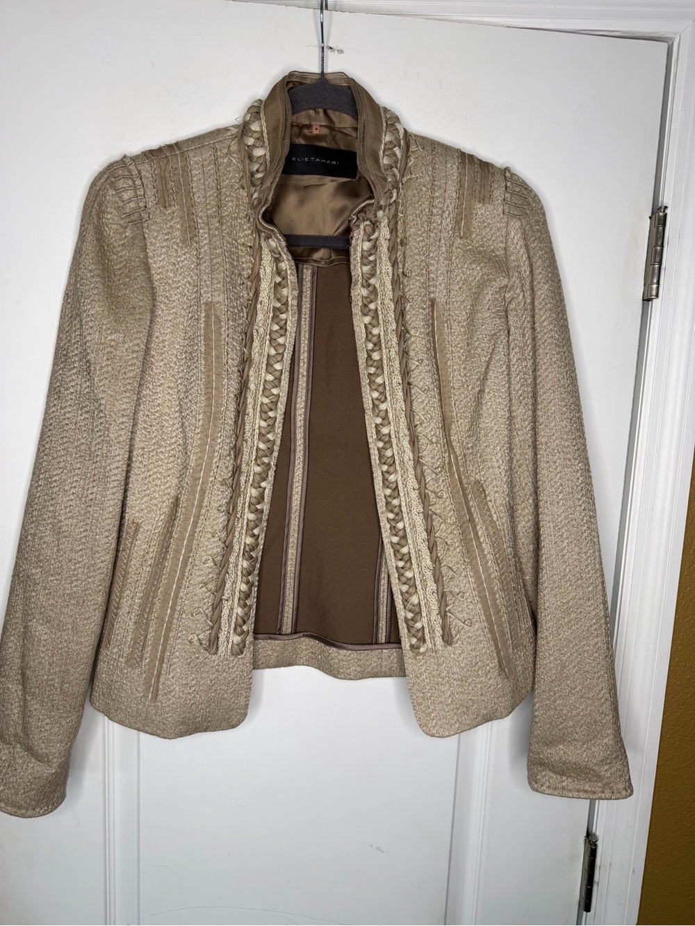 Elie Tahari Vintage BeigeTextured Intricately Braided Front Blazer. Size M - Picture 2 of 11